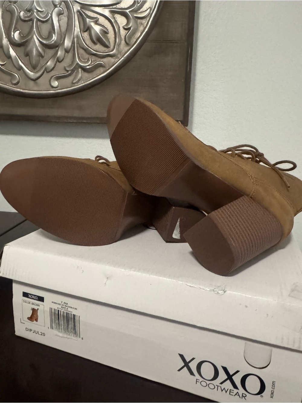 XOXO Tan Lace-Up Block Heel Ankle Booties